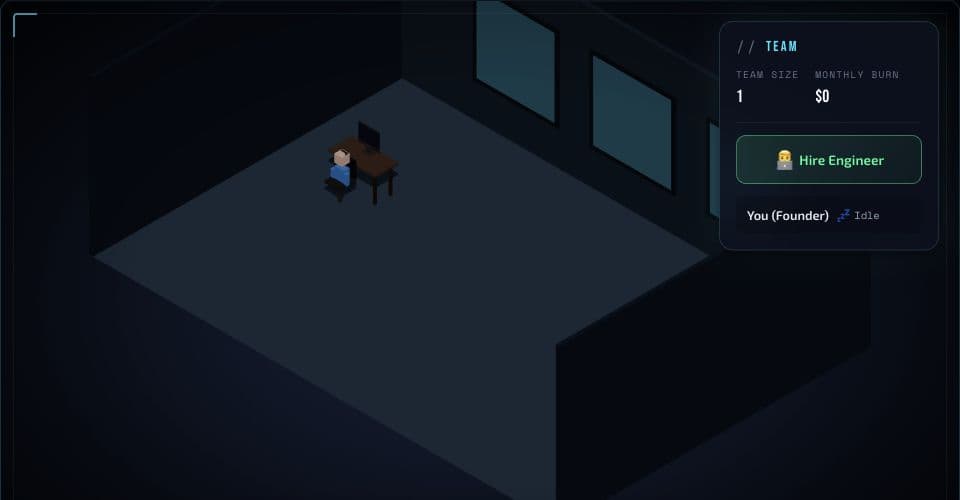 Tech Debt Tycoon gameplay: an isometric startup office and engineering team panel